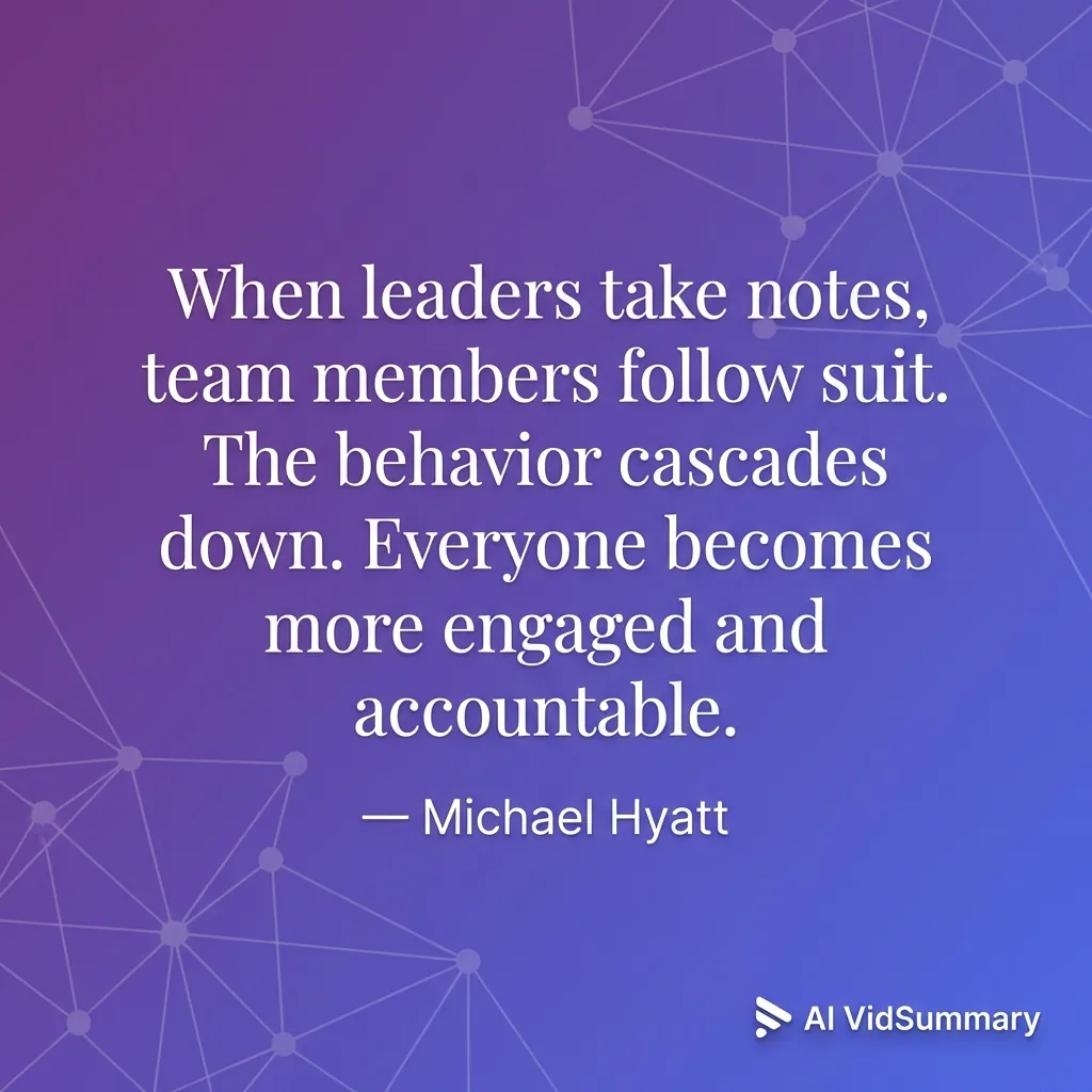 Inspirational quote card with white serif typography on purple-to-indigo gradient background reading 'When leaders take notes, team members follow suit. The behavior cascades down. Everyone becomes more engaged and accountable.' attributed to Michael Hyatt, with subtle neural network pattern overlay and AI VidSummary logo in bottom-right corner
