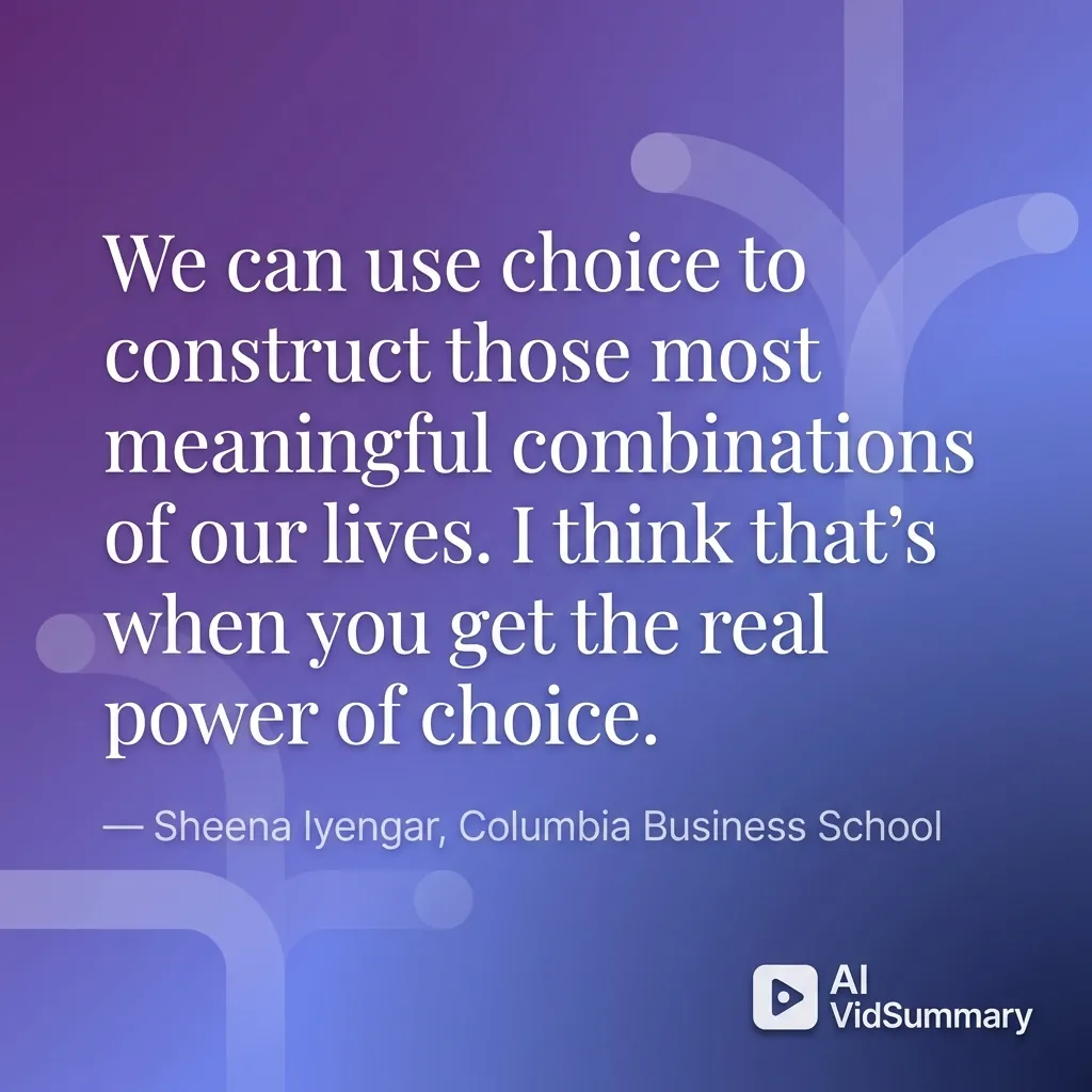 Inspirational quote card with purple to indigo gradient background featuring Sheena Iyengar's quote about choice and meaningful combinations in elegant white typography with subtle geometric shapes