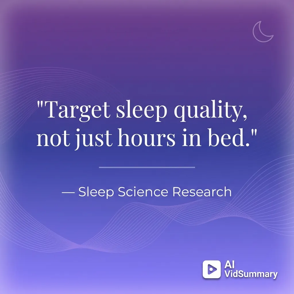 Minimalist quote card with purple gradient background displaying the text 'Target sleep quality, not just hours in bed' in elegant white serif typography, with Sleep Science Research attribution and subtle crescent moon accent